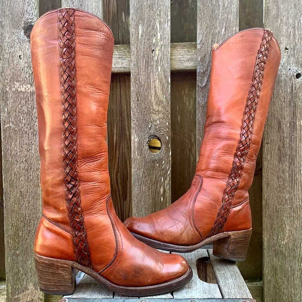 FRYE True Vintage Black Label Tall Knee High Braided Campus Brown Boots, Size 7 - Picture 3 of 12